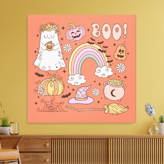 Retro Halloween Ghost Pompoen Spin Web Witch Pet Canvas Afdruk (Insitu (Woonkamer))