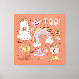 Retro Halloween Ghost Pompoen Spin Web Witch Pet Canvas Afdruk