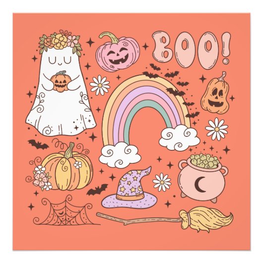 Retro Halloween Ghost Pompoen Spin Web Witch Pet Foto Afdruk (Voorkant)