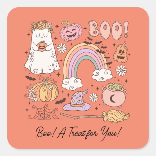 Retro Halloween Ghost Pompoen Spin Web Witch Pet Vierkante Sticker (Voorkant)