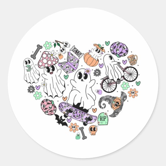 Retro Halloween Ghosts en Pumpkin Hart vorm Ronde Sticker (Voorkant)
