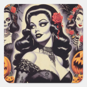 Retro Halloween Gothic Pin-up Vierkante Sticker