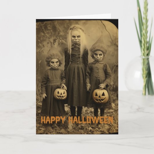 Retro Halloween griezelig kinder met gesneden pomp Feestdagen Kaart (Voorkant)