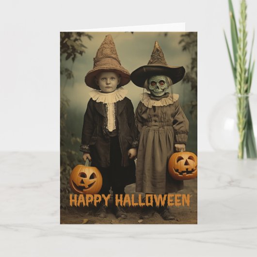 Retro Halloween griezelig kinder met gesneden pomp Feestdagen Kaart (Voorkant)