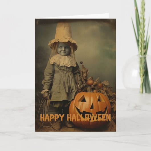 Retro Halloween griezelig kinder met gesneden pomp Feestdagen Kaart (Voorkant)