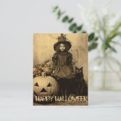 Retro Halloween griezelig meisje met zwarte kat Briefkaart (Staand voorkant)
