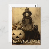 Retro Halloween griezelig meisje met zwarte kat Briefkaart (Voorkant / Achterkant)