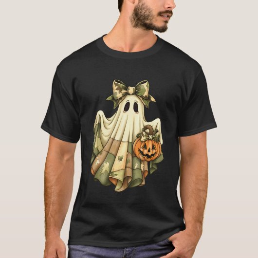 Retro Halloween groene camouflage patchwork grieze T-shirt (Voorkant)