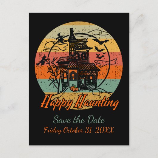 Retro Halloween Happy Haunting Haunting House Aankondigingskaart (Voorkant)