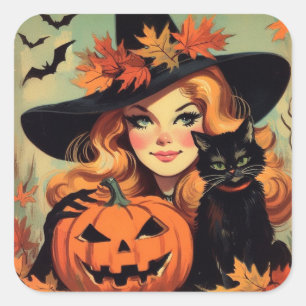 Retro Halloween Heks en Black Cat Spooky Vierkante Sticker