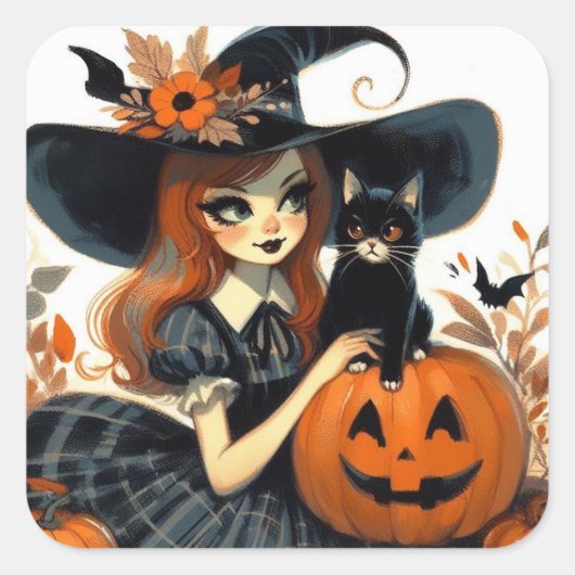 Retro Halloween Heks en Black Cat Spooky Vierkante Sticker (Voorkant)