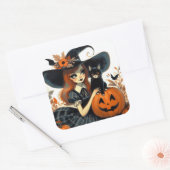 Retro Halloween Heks en Black Cat Spooky Vierkante Sticker (Envelop)