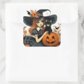 Retro Halloween Heks en Black Cat Spooky Vierkante Sticker (Tas)