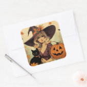 Retro Halloween Heks en Black Cat Spooky Vierkante Sticker (Envelop)