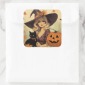 Retro Halloween Heks en Black Cat Spooky Vierkante Sticker (Tas)