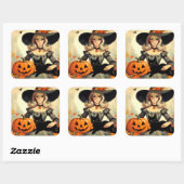 Retro Halloween Heks en Black Cat Spooky Vierkante Sticker (Vel)