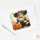 Retro Halloween Heks en Black Cat Spooky Vierkante Sticker (Envelop)