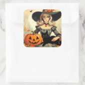 Retro Halloween Heks en Black Cat Spooky Vierkante Sticker (Tas)