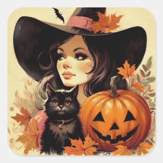 Retro Halloween Heks en Black Cat Spooky Vierkante Sticker (Voorkant)