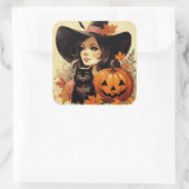 Retro Halloween Heks en Black Cat Spooky Vierkante Sticker (Tas)
