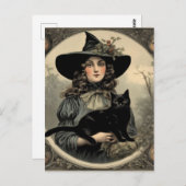 Retro Halloween Heks en Zwarte Kat Briefkaart (Voorkant / Achterkant)