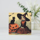 Retro Halloween Heks en Zwarte Kat Knuffel Kaart (Staand voorkant)
