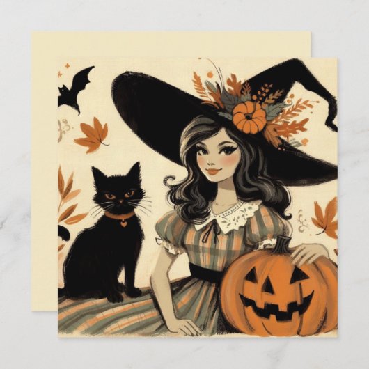 Retro Halloween Heks en Zwarte Kat Schattig Kaart (Voorkant / Achterkant)