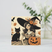 Retro Halloween Heks en Zwarte Kat Schattig Kaart (Staand voorkant)