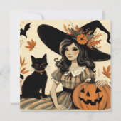 Retro Halloween Heks en Zwarte Kat Schattig Kaart (Voorkant)
