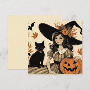 Retro Halloween Heks en Zwarte Kat Schattig Kaart