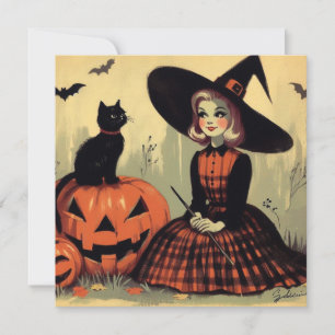 Retro Halloween Heks en Zwarte Kat Schattig Kaart