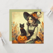 Retro Halloween heks en zwarte platte wenskaart Kaart (Voorkant / Achterkant in situ)