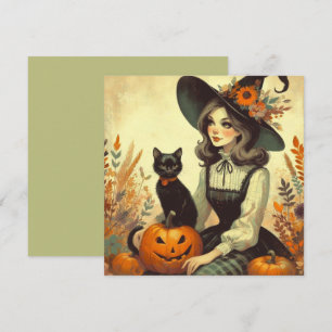 Retro Halloween Heks en Zwarte Platte Wenskaart Kaart