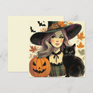 Retro Halloween Heks en Zwarte Platte Wenskaart Kaart