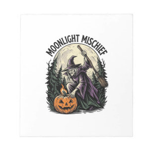 Retro Halloween Heks Maneschijn Ondeugend Grafisch Notitieblok