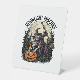 Retro Halloween Heks Maneschijn Ondeugend Grafisch Reclamebord Met Voetstuk