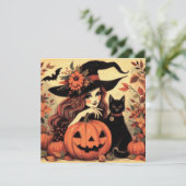 Retro Halloween Heks met Kat Platte Wenskaart Kaart (Staand voorkant)
