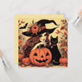 Retro Halloween Heks met Kat Platte Wenskaart Kaart (Voorkant / Achterkant in situ)