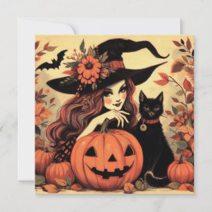 Retro Halloween Heks met Kat Platte Wenskaart Kaart