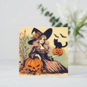 Retro Halloween Heks met Zwarte Kat en Pompoen Kaart (Staand voorkant)