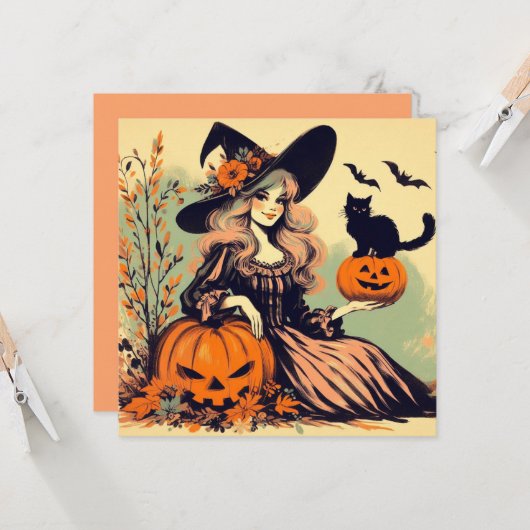 Retro Halloween Heks met Zwarte Kat en Pompoen Kaart (Voorkant / Achterkant in situ)