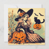 Retro Halloween Heks met Zwarte Kat en Pompoen Kaart (Voorkant)