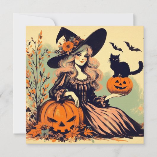 Retro Halloween Heks met Zwarte Kat en Pompoen Kaart (Voorkant)