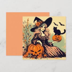 Retro Halloween Heks met Zwarte Kat en Pompoen Kaart