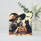 Retro Halloween Heks met Zwarte Kat en Pompoen Kaart (Staand voorkant)