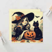 Retro Halloween Heks met Zwarte Kat en Pompoen Kaart (Voorkant / Achterkant in situ)