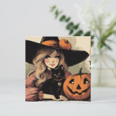Retro Halloween Heks met Zwarte Kat en Pompoen Kaart (Staand voorkant)