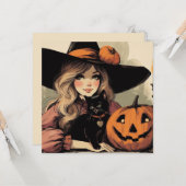 Retro Halloween Heks met Zwarte Kat en Pompoen Kaart (Voorkant / Achterkant in situ)