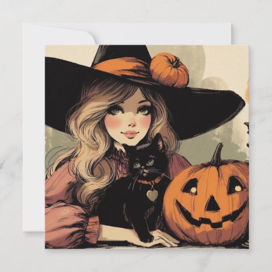 Retro Halloween Heks met Zwarte Kat en Pompoen Kaart (Voorkant)
