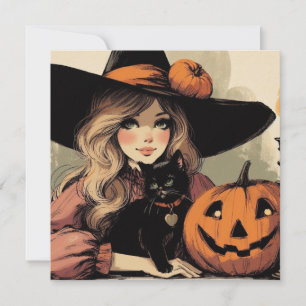 Retro Halloween Heks met Zwarte Kat en Pompoen Kaart